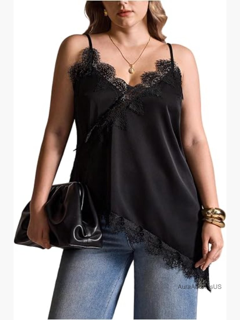 Plus Size Lace Cami Top Spaghetti Strap V Neck Sleeveless Asymmetrical Hem